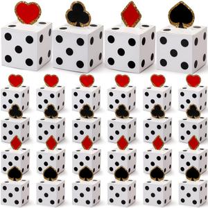 24 Pcs Casino Birthday Treat Boxes Casino Party Table Centerpieces Poke Theme Party Decorations Dice Candy Goodie Gift Containers for Las Vegas Night Birthday Gift, 4x4x4 Inch