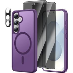 [4 in 1] Magnetic for Samsung Galaxy S25 Case, 2 Pics Privacy Screen Protectors and 1 Pic Camera Protector, Fit for MagSafe, Military Grade Shockproof Translucent Matte Galaxy S25 Cover 6.2 , Purple