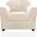 PrinceDeco Velvet Plush Couch Cover Stretch 2 Piece Chair Cover Chair Slipcover Washable Furniture Protector Couch Soft with Elastic Bottom Armchair Cover Width Up to 49 Inch(Small, Ivory)