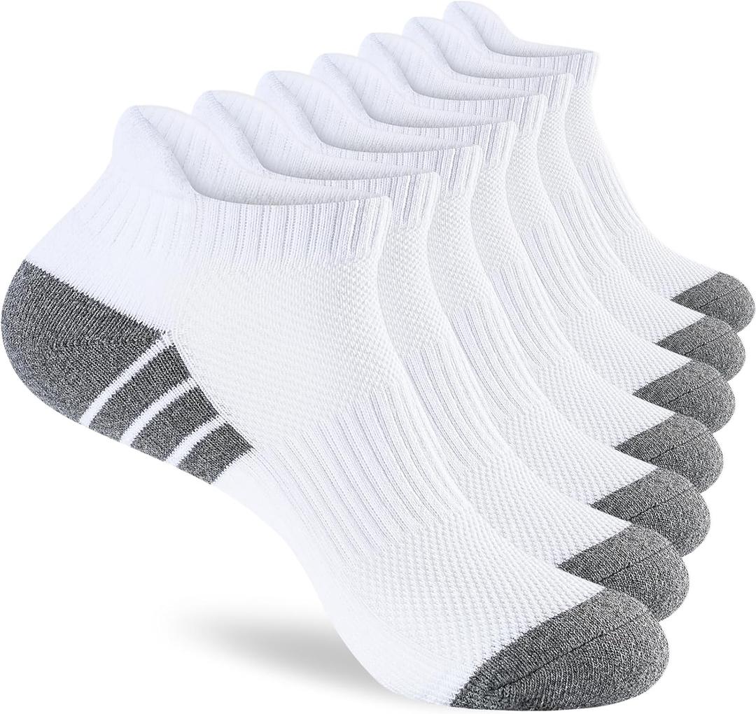 7 Pairs Men's 100% Cotton Cushioned Ankle Socks, Athletic Performance Running Moisture Wicking Breathable Low Cut Socks (Medium-Large)