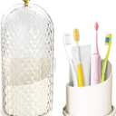 Multifunctional Rotating Toothbrush Holders with Sliding Lid, The 3-Slot Bathroom Countertop Vanity Organizer Perfect for Tooth Brush, Toothpaste, and Makeup Brushes Holder Storage (White)