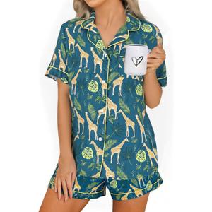 Pajamas for Women Set Short Sleeve Animal Graphic Pajamas Cute Printed Pajama Sets Button Down Pjs Sleepwear (Large)