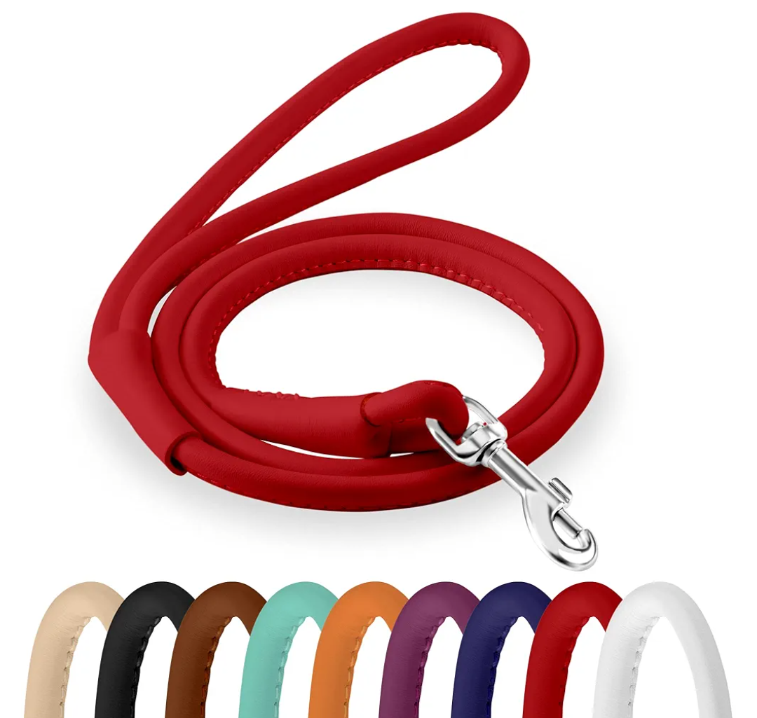 CollarDirect Rolled Leather Dog Leash 6ft, Soft Training Leather Dog Leash for Puppy and Grown Dog Small Medium Large Black Blue Red Orange Green Pink White (Red, Size S 6ft)