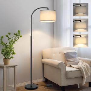 Arc Floor Lamps for Living Room with 3 Color Temperatures, Modern Floor Lamp Reading Light with 9W Bulb Included, Standing Lamp with Adjustable White Hanging Lampshade for Bedroom Office (Black)