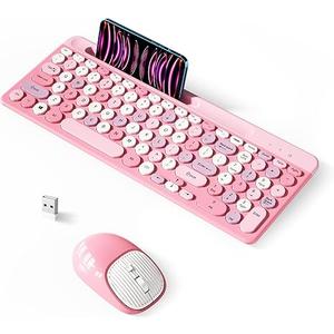 Retro Wireless Keyboard with Round Keycaps, 2.4GHz FullSize USB Cute Wireless Keyboard Mouse for Computer, Desktop, Laptop and Computer (PinkColorful)