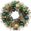 24" Christmas Wreath for Front Door Artificial Christmas Wreaths with Green Ball Ornaments Berries Pine Cones Norfolk Pine Needles Cedar Decor for Home Porch Wall Window Indoor Outdoor Xmas Decoration