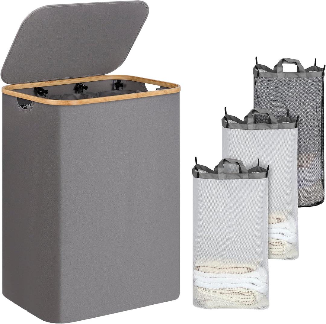 IEGrow Laundry Hamper with Lid,160L Laundry Basket with 3 Mesh Bags,Grey | Dirty Clothes Hamper Basket with Bamboo Handle for Clothes Towels