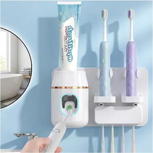 TuCao Wall Mounted Toothbrush Holder with Automatic Toothpaste Dispenser, No Drill Bathroom Organizer White