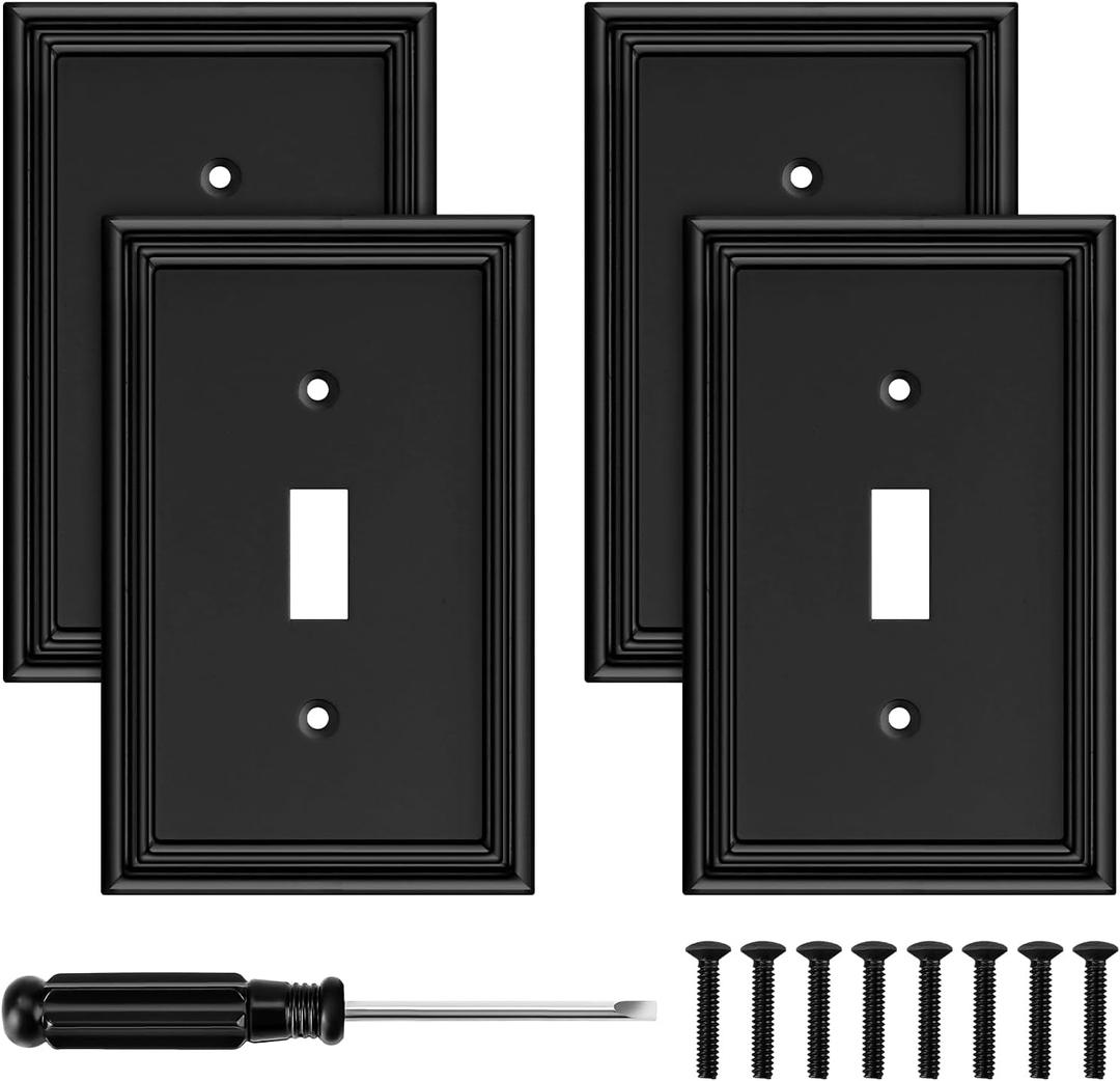 Black Modern Decorative Wall Plate Light Switch Cover Decorator Outlet Covers Rocker Switch Plates Bamboo Fiber Material Wall Plates for Kitchen Bathroom (1 Gang Single Toggle-4 Pack)