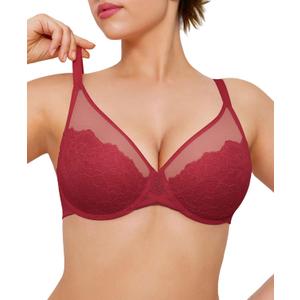 Popilush Minimizer Bras for Women Plus Size Full Coverage Lace Underwire Support Push Up Bra for Heavy Breast Everyday Wear (38DDD, Red Lacquer)