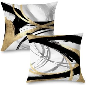 Black White and Gold Pillow Covers, Abstract Black and Gold Pillow Covers 18x18 Set of 2, Modern Boho Home Decor, Black and Gold Decorative Throw Pillows Cover for Couch Living Room Bedroom