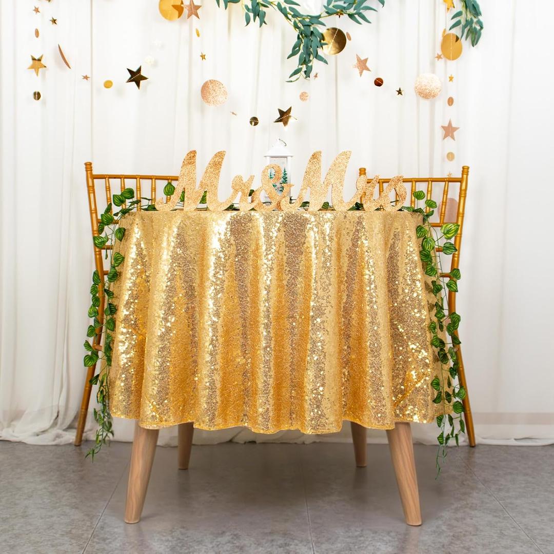 ShiDianYi Round Sequin Tablecloth 72'' Gold Glitter for Party - Sparkle Table Overlay, Shiny Cake Dessert Cover - Shimmer Table Cover for Wedding Reception