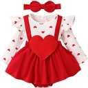 Valentine Baby Girl Outfit Heart Print Ribbed Long Sleeve Newborn Valentines day Romper Dress Headband Set 3-6M