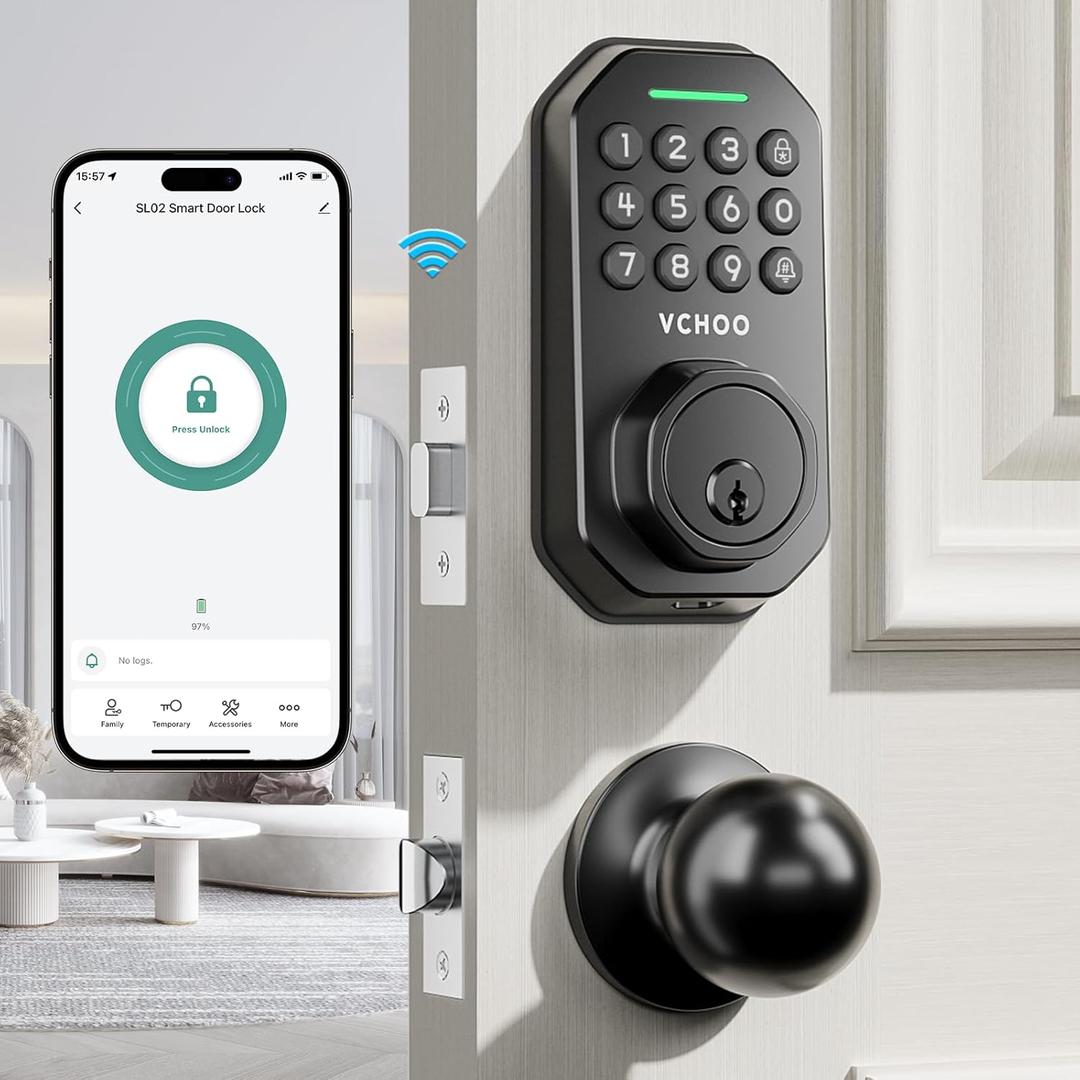 Keyless Entry Door Lock with Handle Wi-Fi Door Locks for Front Door Anti-Peeping Password App Control Smart Door Lock for Homes Hotel Bedroom Doors with 2 Door Knobs