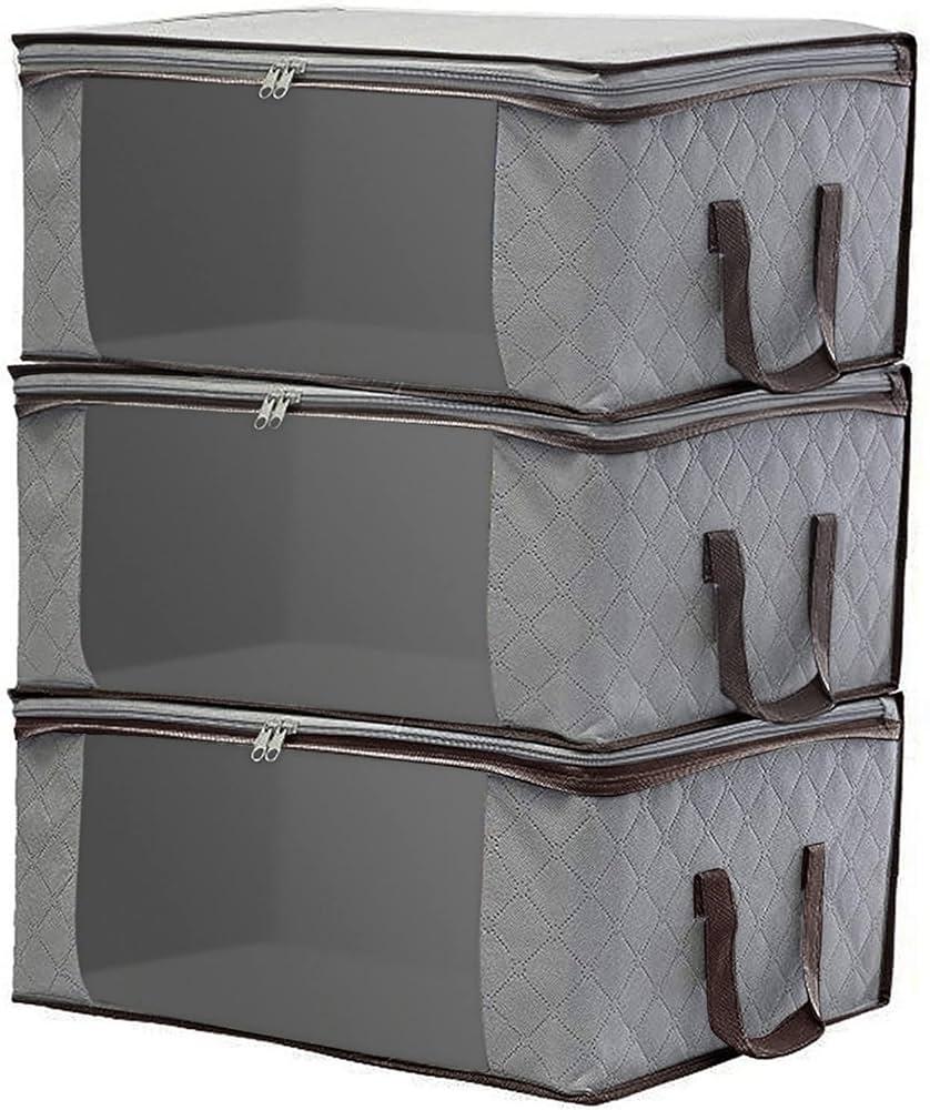 Foldable Closet Bags Clothes Storage Organizer Pouches Bag and Storage Containers for Comforters,Bedding, Foldable Organizer with Reinforced Handle, Clear Window, Sturdy Zippers, (6 Pack)