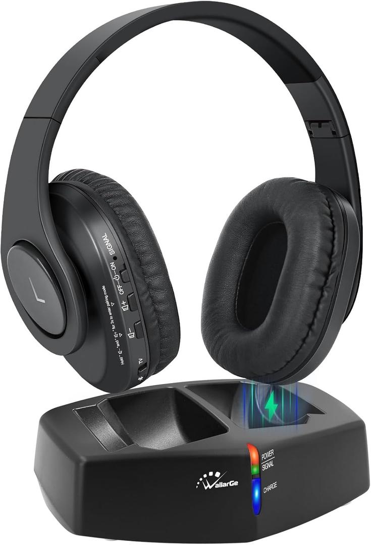 WallarGe Wireless Headphones for TV Watching, Easy Setup and Comfortable Bluetooth Headphones with RF Transmitter Charging Dock, 100 Ft Wireless Range, Rechargeable 25 Hours Play and No Audio Delay (Black)