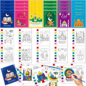 SYUCVQI Ramadan Watercolor Coloring Book with Eid Greeting Card Craft Kit Mosque Moonlight Theme Family Gathering Religious Gift Party Gift Filler (192PCS)