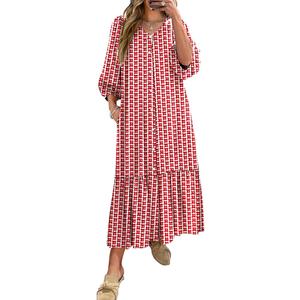 ANRABESS Boho Maxi Dresses for Women Summer Puff Sleeve V Neck Flowy Long Casual Dress with Pockets 2025 Vacation Outfits Large, Floral Red