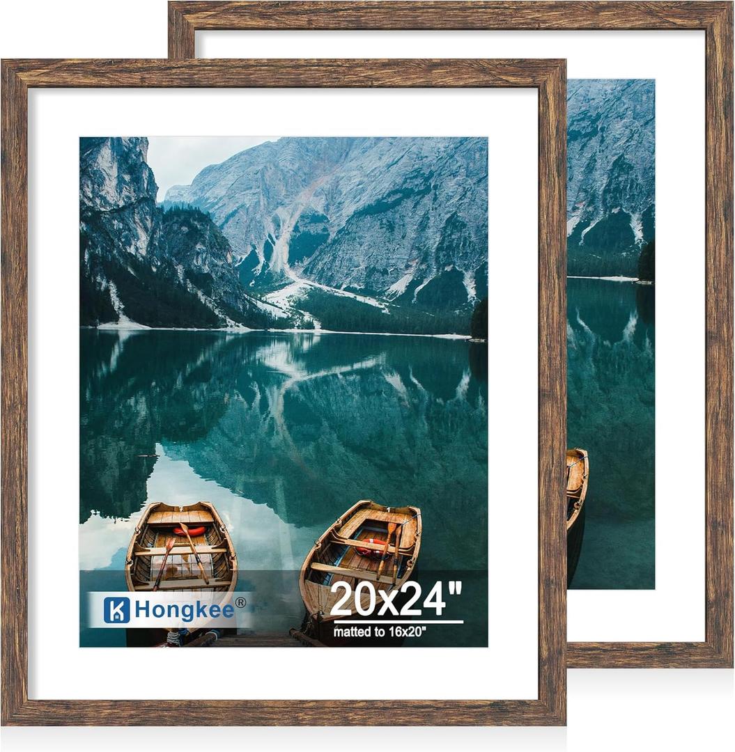Hongkee 20x24 Frame Set of 2, Rustic Brown Wood Style - Display 16x20 Picture with Mat or 20 x 24 Poster without Mat, Wall Mounting Horizontal and Vertical
