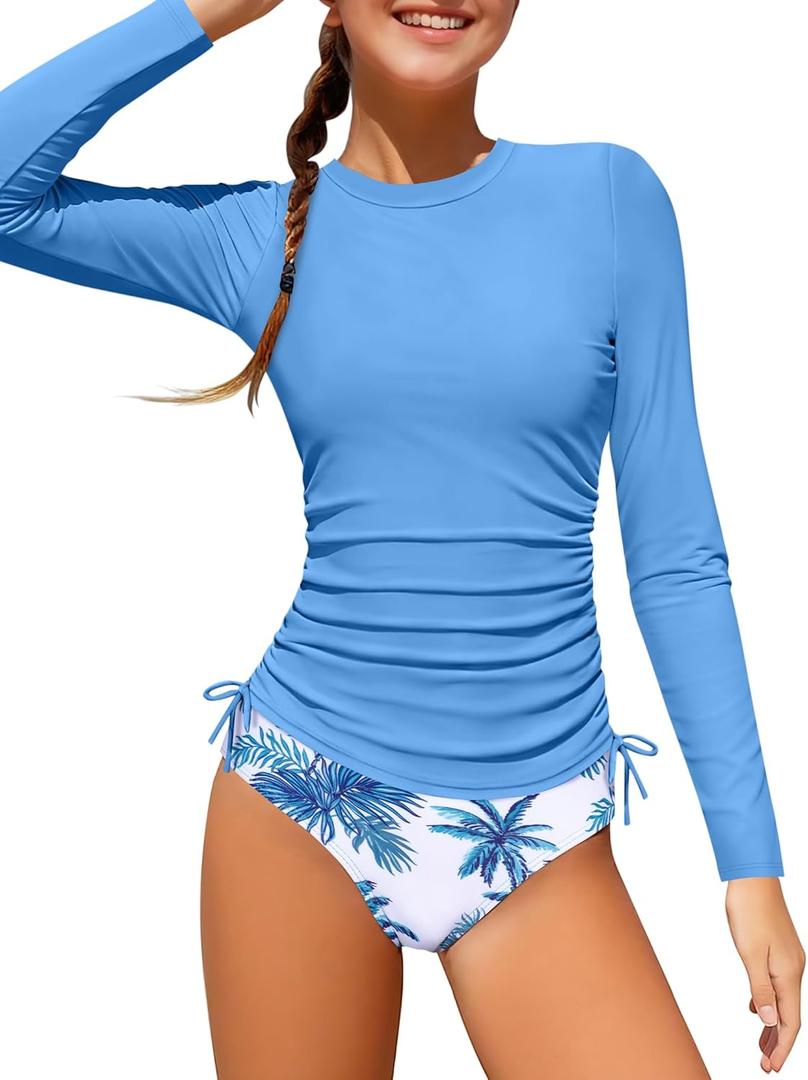 Girls Bathing Suit Two Piece Ruched Long Sleeve Rash Guard Print Design Swimsuit Size 6-14Y (Blue, S)