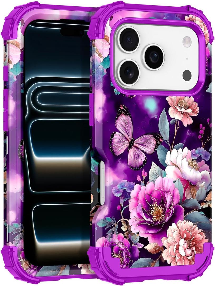 LONTECT for iPhone 17 Pro Case Shockproof 3 in 1 Heavy Duty Rugged Hybrid Sturdy High Impact Drop Protective Cover Flower Case for Apple iPhone 17 Pro 2025, Glow in The Dark Aubergine