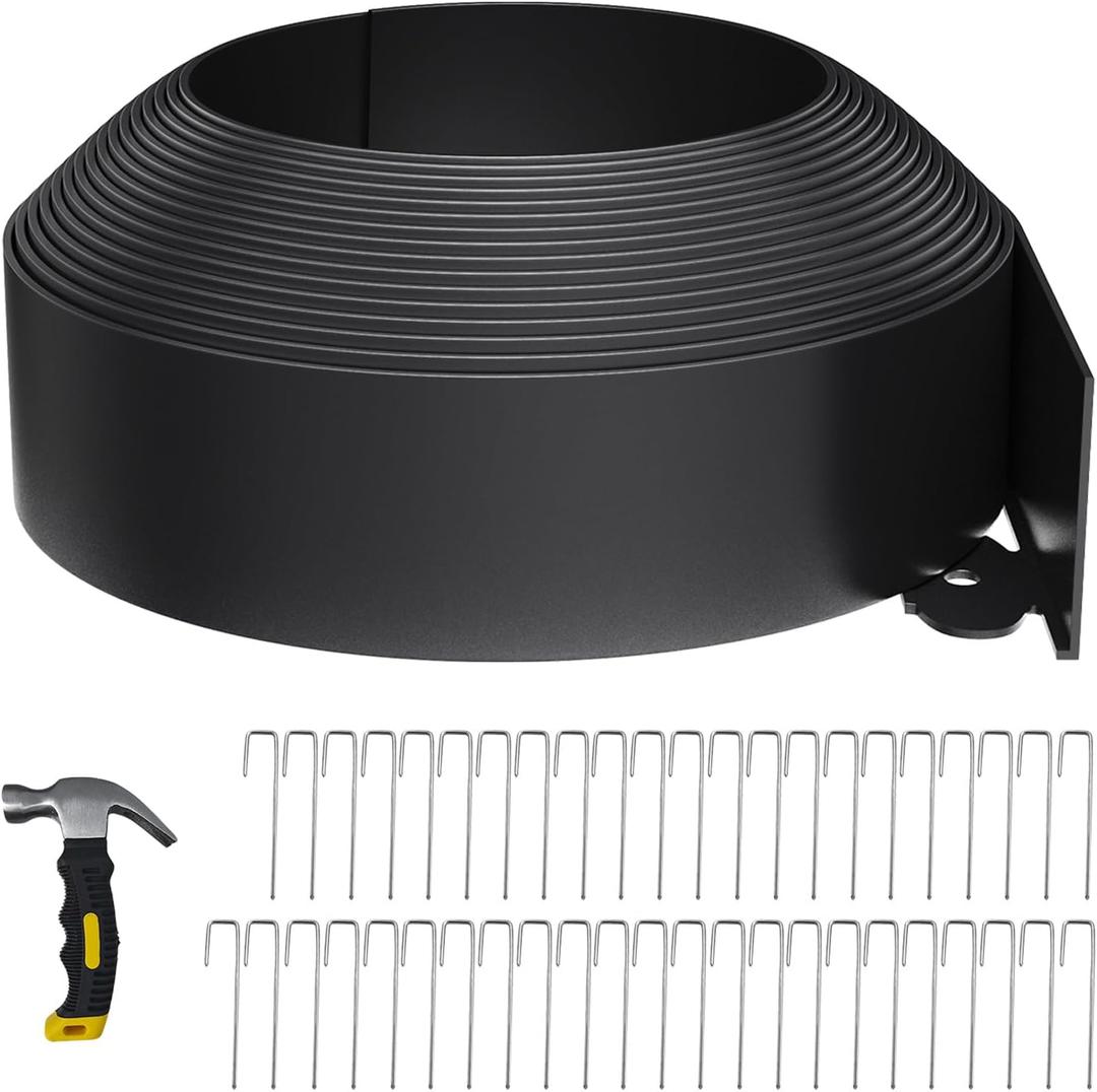 33FT Landscape Edging 4 in Tall with 45 Spikes, Garden Edging Border and 1 Hammer, Plastic Landscape Edging Border Lawn Edging for Landscaping, Flower Beds, Yard