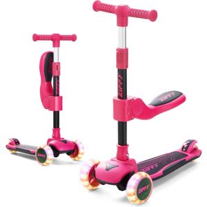 JOVA ZIFFY 2-in-1 Toddler Scooter with Seat, 3 Wheel Scooter for Kids 3-5 6-12, Foldable Light-Up Kid Scooters for Boy Girl 110 Lbs, Anti-Slip Deck, 3 Adjustable Height Handlebar, Kids Riding Toys (Red)
