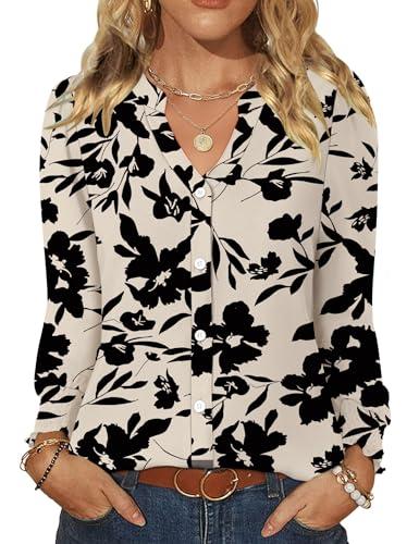 LOMON Womens Button Down Blouse V Neck Long Sleeve Shirt V Neck Casual Tops(Apricot Black-Floral,Large)