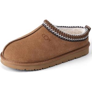 OOW Genuine Suede Slippers for Women with Memory Foam Fuzzy House Shoes for Indoor Outdoor (5, Chestnut)