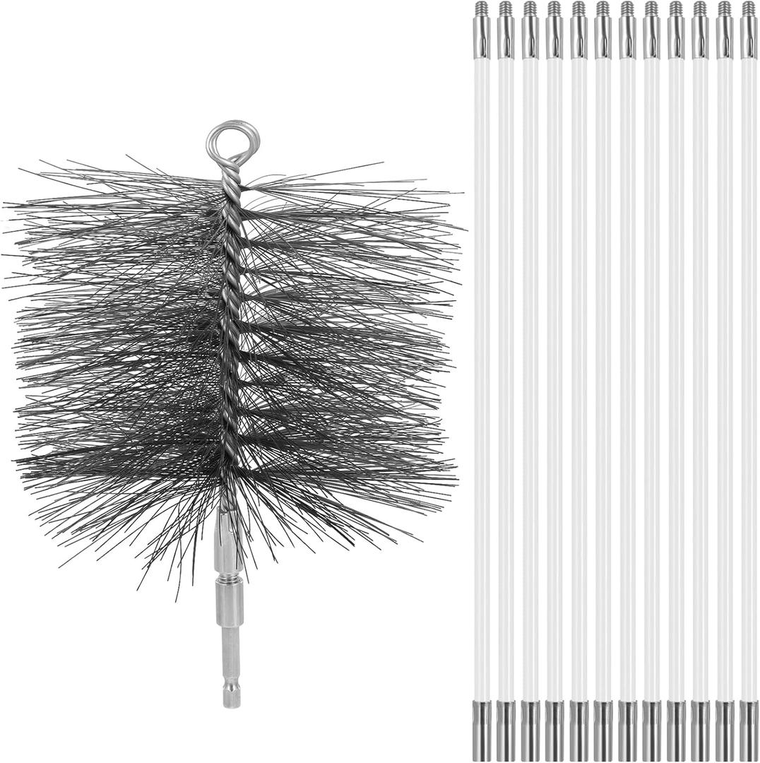 Wire Chimney Cleaning Brush with 1/4 Npt Fitting, Long Tent Wood Burning Stove Pipe Cleaning Brush with 12 Flexible Rods and 6'' Brush Heads for Hearth Fireplace