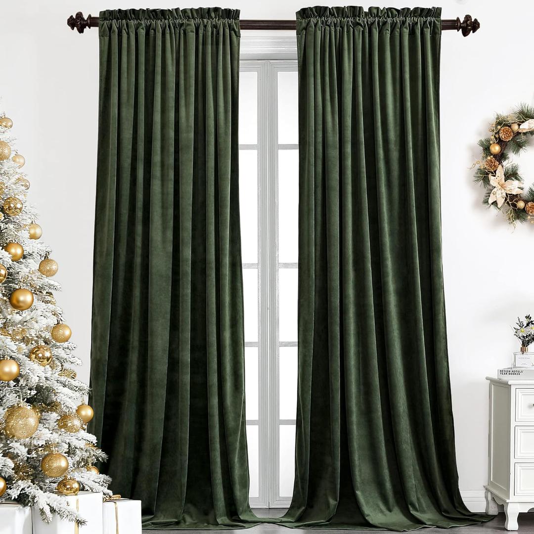 Benedeco Blackout Green Velvet Curtains for Bedroom Window, Light Filtering Drapes for Living Room Darkening Soundproof Thermal Curtain Rod Pocket 52 x 96 inches Long Length Set of 2 Panels