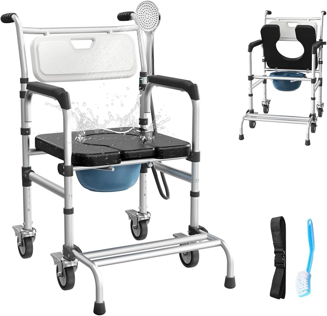 4-in-1 Rolling Bedside Commode with Wheels & Shower Chair for Seniors