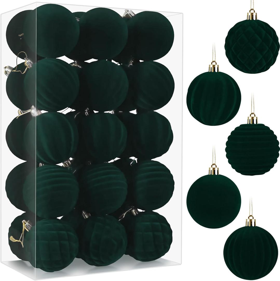 30pcs Velvet Christmas Ornaments Balls, 2.36 Inch Flocked Green Shatterproof Baubles with Hanging Strings, Elegant Velvet Ball Ornaments for Xmas Tree, Holiday Party & Home Dcor (Green)