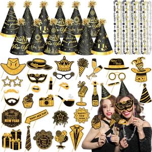 56 PCS New Years Eve Party Supplies 2026 Including Happy New Year Hats, Necklaces and New Year Photo Booth Props for New Year's Eve Party Favors (Photo Booth Props)