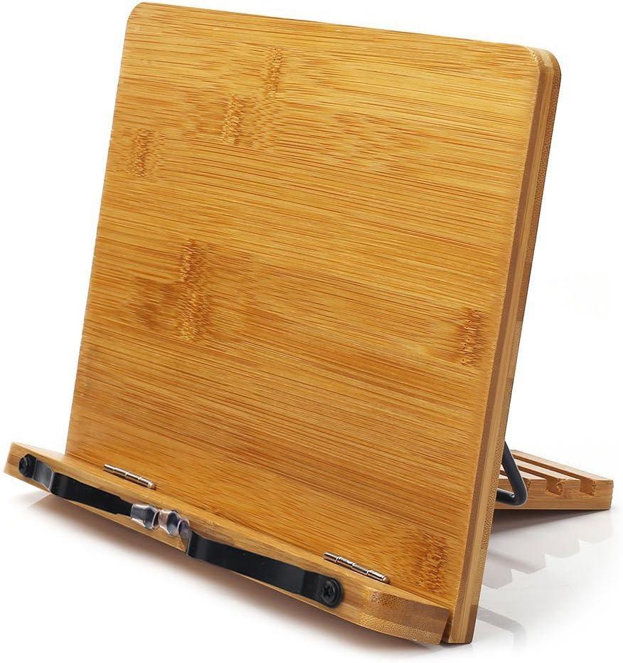 wishacc Bamboo Book Stand, Adjustable Book Holder Tray and Page Paper Clips-Cookbook Reading Desk Portable Stable Hard-Wearing Lightweight Bookstand-Textbooks Books (11.0 x 8.1 inches)