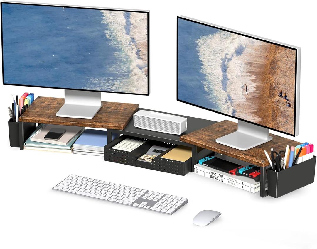 OPNICE Wood Desk Organizers and Accessories, Dual Monitor Stand Riser with Drawer and 2 Pen Holders, Desk Shelf Computer Racks for Office Workspace Organizers, Desktop Organization (Rustic Brown)