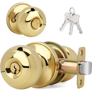 Flat Ball Door Knob with Keys and Lock, Keyed Entry Round Design Doorknob for Front/Entrance Doors, Polished Brass Finish (1 Pack)