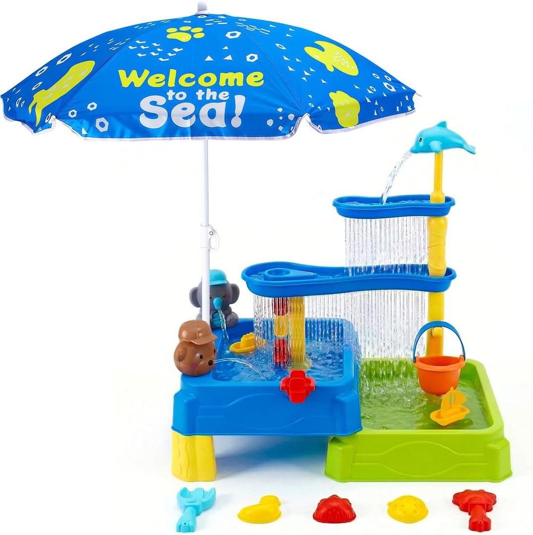 MUGEYMYD Water Table for Toddlers 3-5, Rain Showers Splash Pond Sensory Sand Playset with Umbrella, 16 PCS Accessories, Outdoor Summer Toy for Boys and Girls.