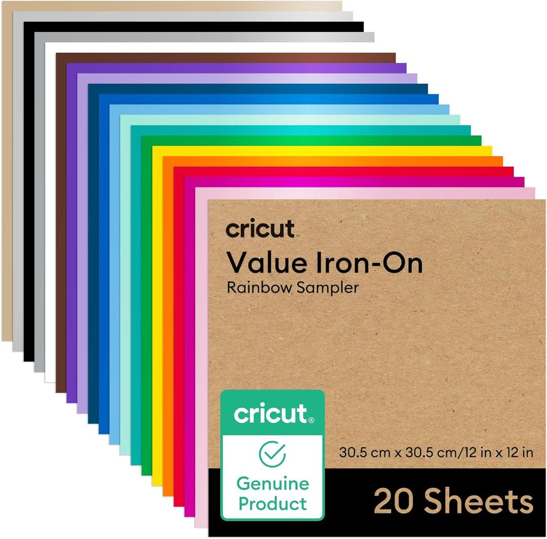 Cricut Value Iron-On, Rainbow Sampler - 12 in x 12 in (20 ct)- HTV Heat Transfer Vinyl