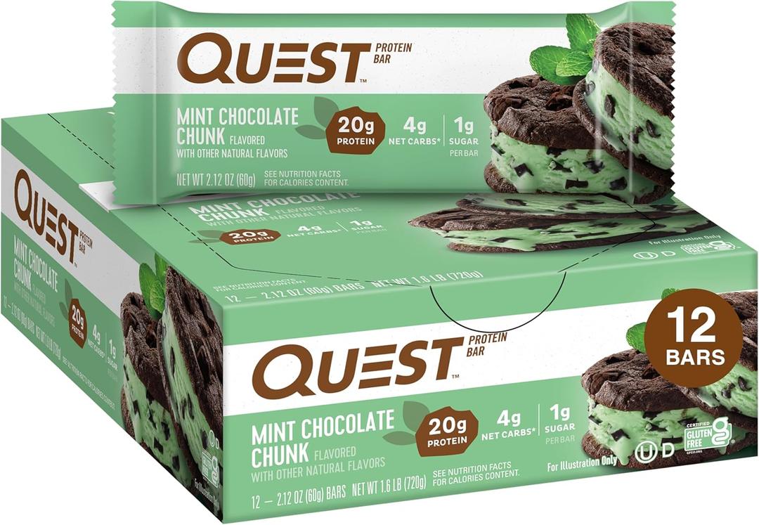 Quest Nutrition Mint Chocolate Chunk Protein Bars, 20g Protein, 1g Sugar, 4g Net Carb, Gluten Free, Keto Friendly, 12 Count (BBD: 05/22/26)