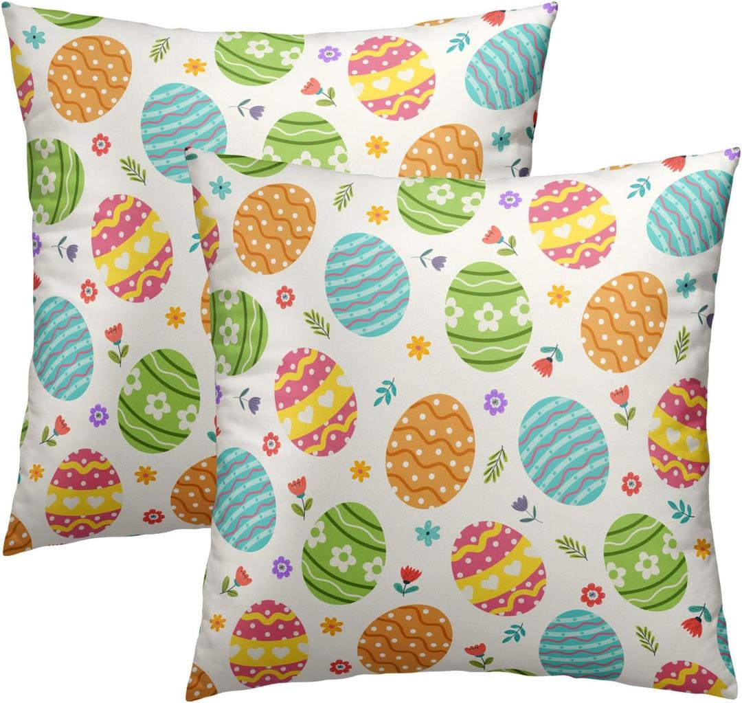 Easter Throw Pillow Covers 18X18 Inches Set of 2 Colorful Eggs Spring Flowers Pillowcase Soft Cotton Square Seasonal Cushion Covers for Living Room Sofa Bedroom Decor