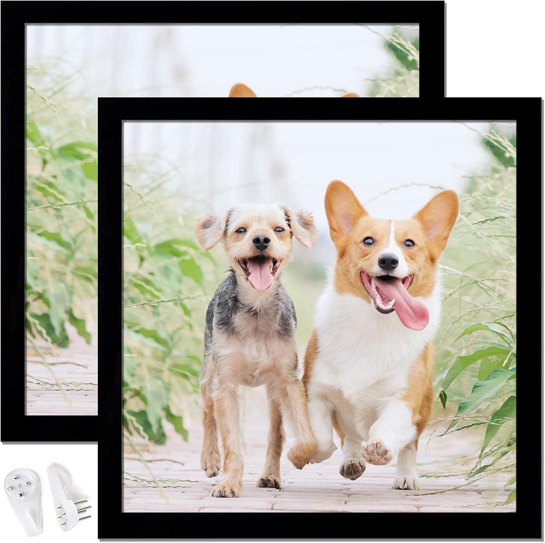 14x14 Picture Frame Set of 2, Black Square Photo Frames High Transparent Wall Gallery Desktop Horizontal Vertical for Canvas Collage Photo Poster Certificate 14 x 14 inches