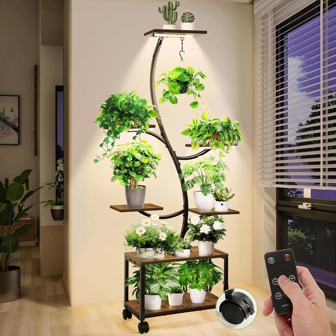 Plant Stand Indoor with Grow Lights, 62" Plant Stand with Locking Wheels, 7 Tiered Plant Shelf Adjustable Brightness with Remote Control, Metal Tall Plant Flower Holde for Living Room, Patio (Brown) 