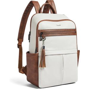 Leather Laptop Backpack for Women, 15.6" Causal Daypack Backpacks Purse Computer Backpack with Laptop Compartment for Travel Work College Business, Beige Brown