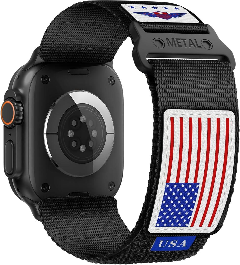 Rugged Nylon for Apple Watch Ultra 2 Band 49mm iWatch Bands 46mm 45mm 44mm 42mm Men,Soft Woven Adjustable Stars-Stripes Flag Wristbands Strap for Apple Watch Ultra Series 10/9/8/7/6/5/4/3/SE/Ultra2 (1-Color USA Flag-Black)