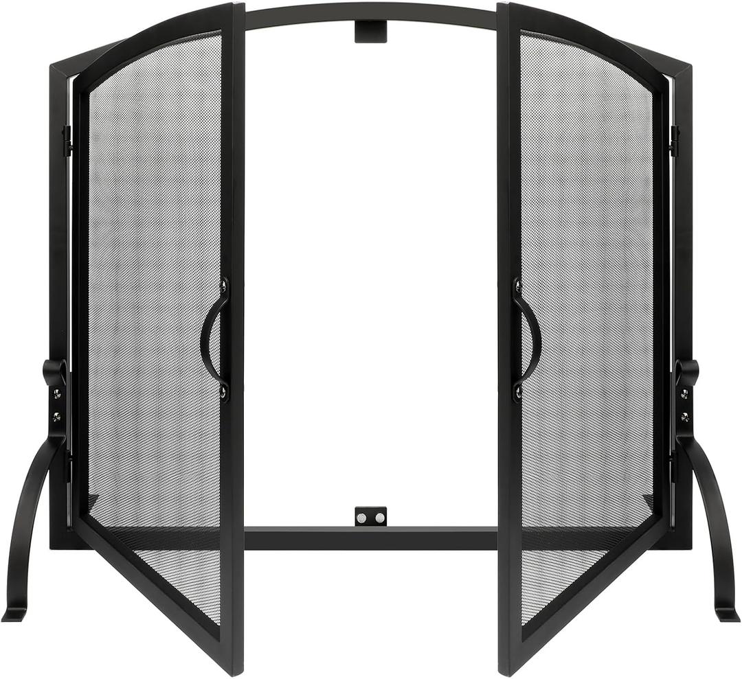 35" x 27" Single Panel Fireplace Screen with Magnetic Doors - Flat Fireplace Screens Stand Alone, Black Wrought Iron Spark Guard Mesh Cover, Arched Freestanding Gate for Indoor Living Room