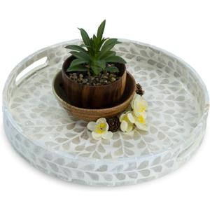 CLAYNIX Serving Tray 12.5 Inch, Lacquer Mother of Pearl Inlay Mosaic Tray, Round Wooden Marble Tray with Handles Trays for Tea, Breakfast (White)