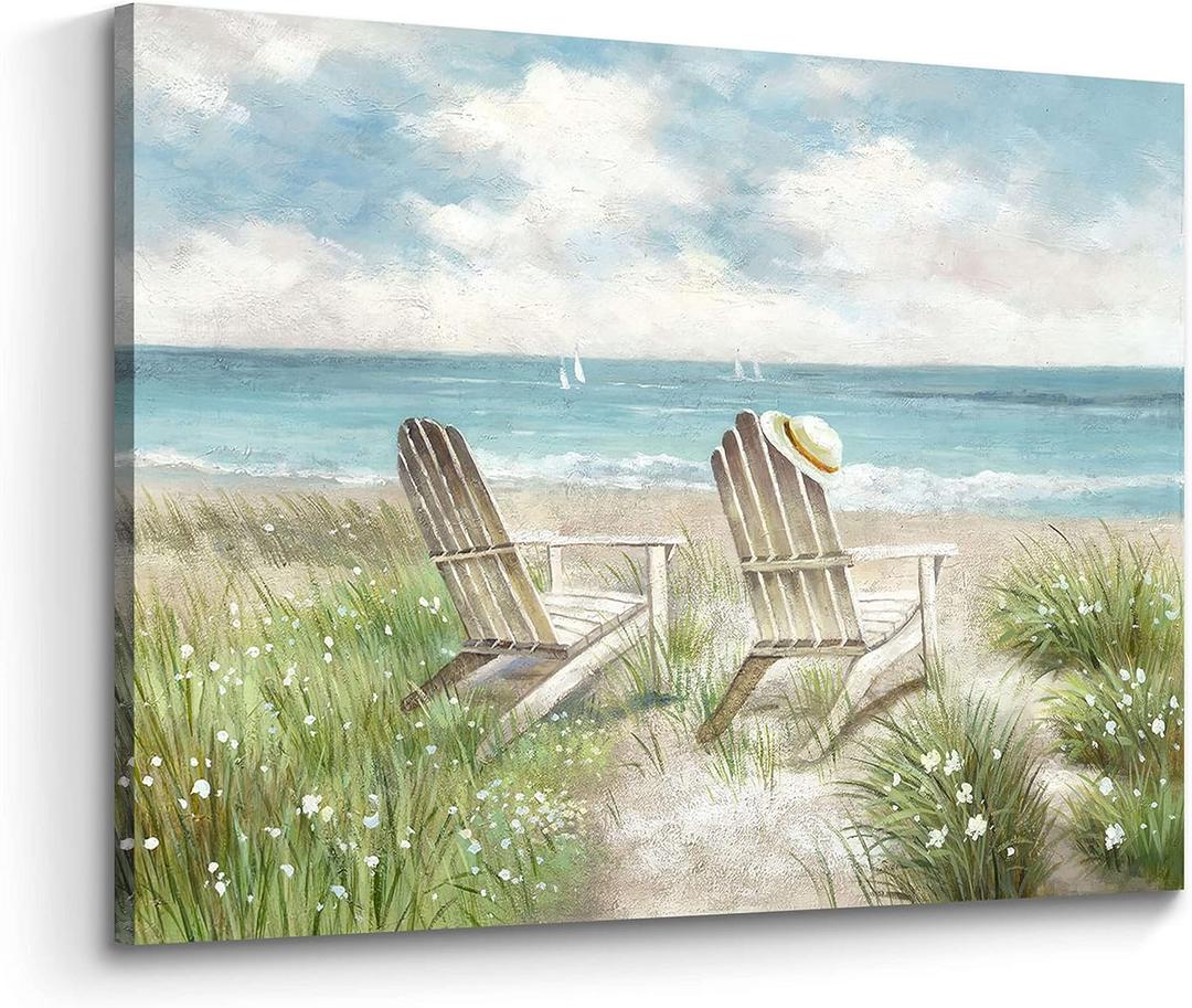 Arttitue Seascape Wall Art Canvas Picture: Beach Chair Seascape Print Decor Ocean Coastal Scene Painting Seaside Sea Wave Grass Artwork for Bathroom Living Room (16"L x 11"W)