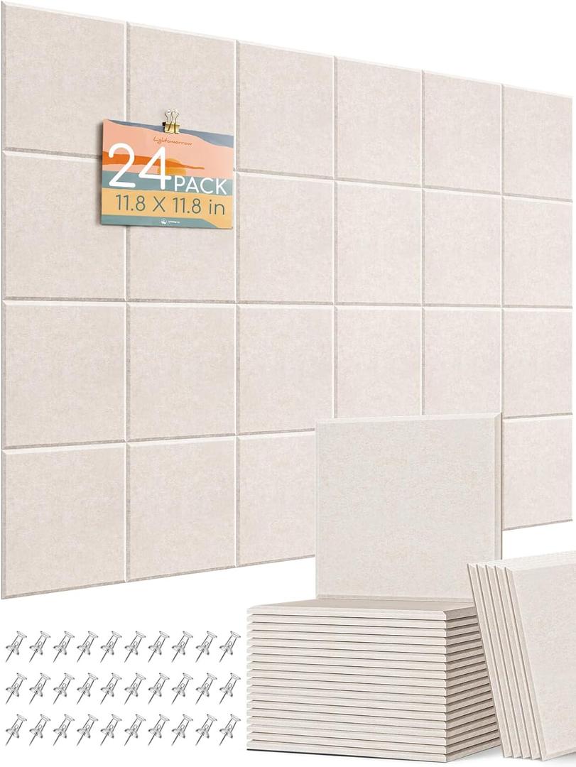 Lightomorrow 0.47" Thick Felt Pin Board Tiles, 24 Pack 11.8 x 11.8 in Bulletin Board Wall Decor, Cork Board Alternative with Adhesive & 60 Push Pins for Home Office Classroom, Oatmeal