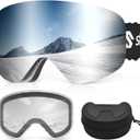 Ski Goggles, Frameless Snowboard Goggles with 2 UV400 Magnet Ski Lenses for Men & Women (Silver(vlt 9%) + Clear (Vlt 83.5%))